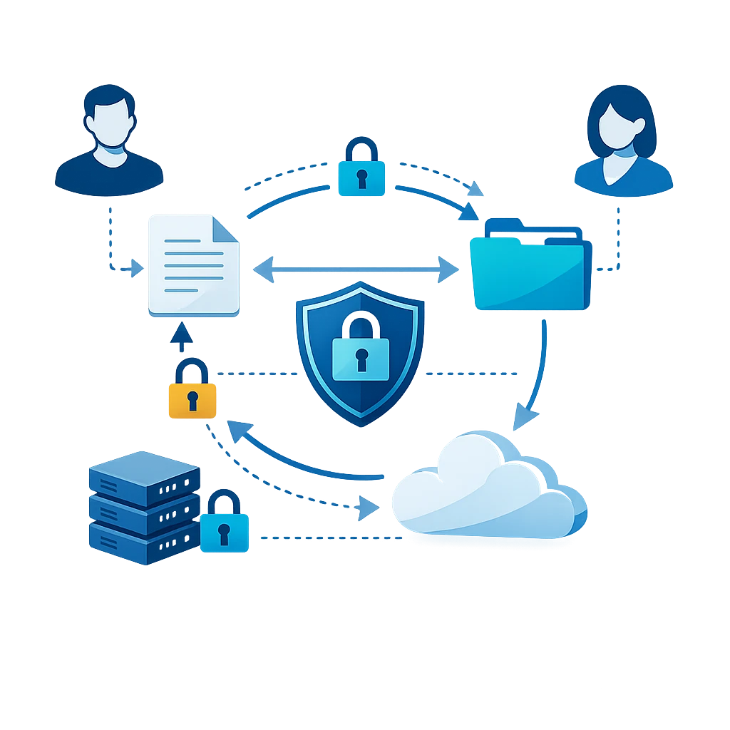 نمای گرافیکی از لایه‌های امنیتی در سامانه فایلاد که از تبادل امن فایل‌ها و حذف تهدیدات احتمالی محافظت می‌کند.
