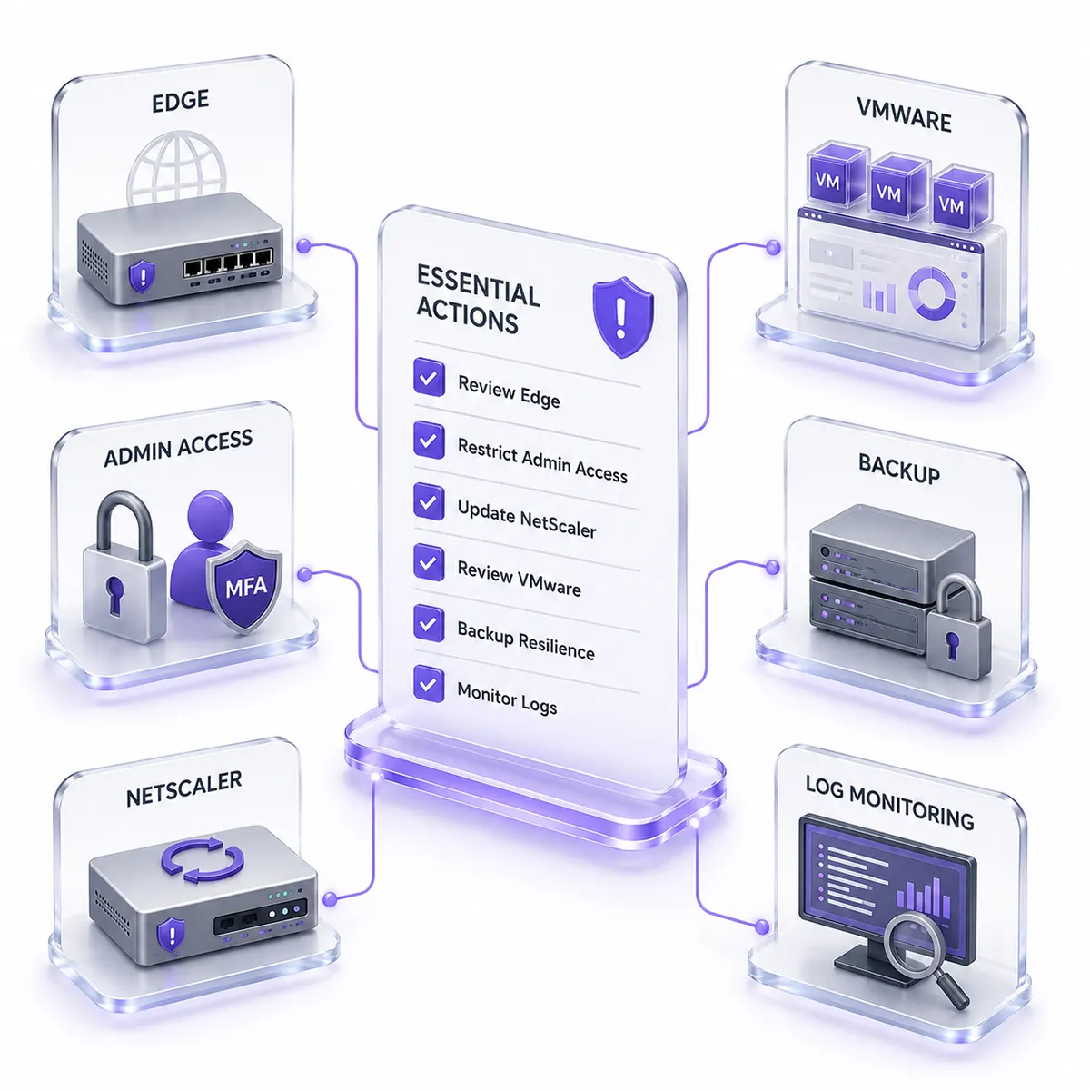 چکلیست اقدامات ضروری امنیت زیرساخت با طراحی شیشهای و پسزمینه سفید، شامل بررسی Edge، محدودسازی Admin Access، بهروزرسانی NetScaler، بازبینی VMware، مقاومسازی Backup و پایش Log Monitoring.