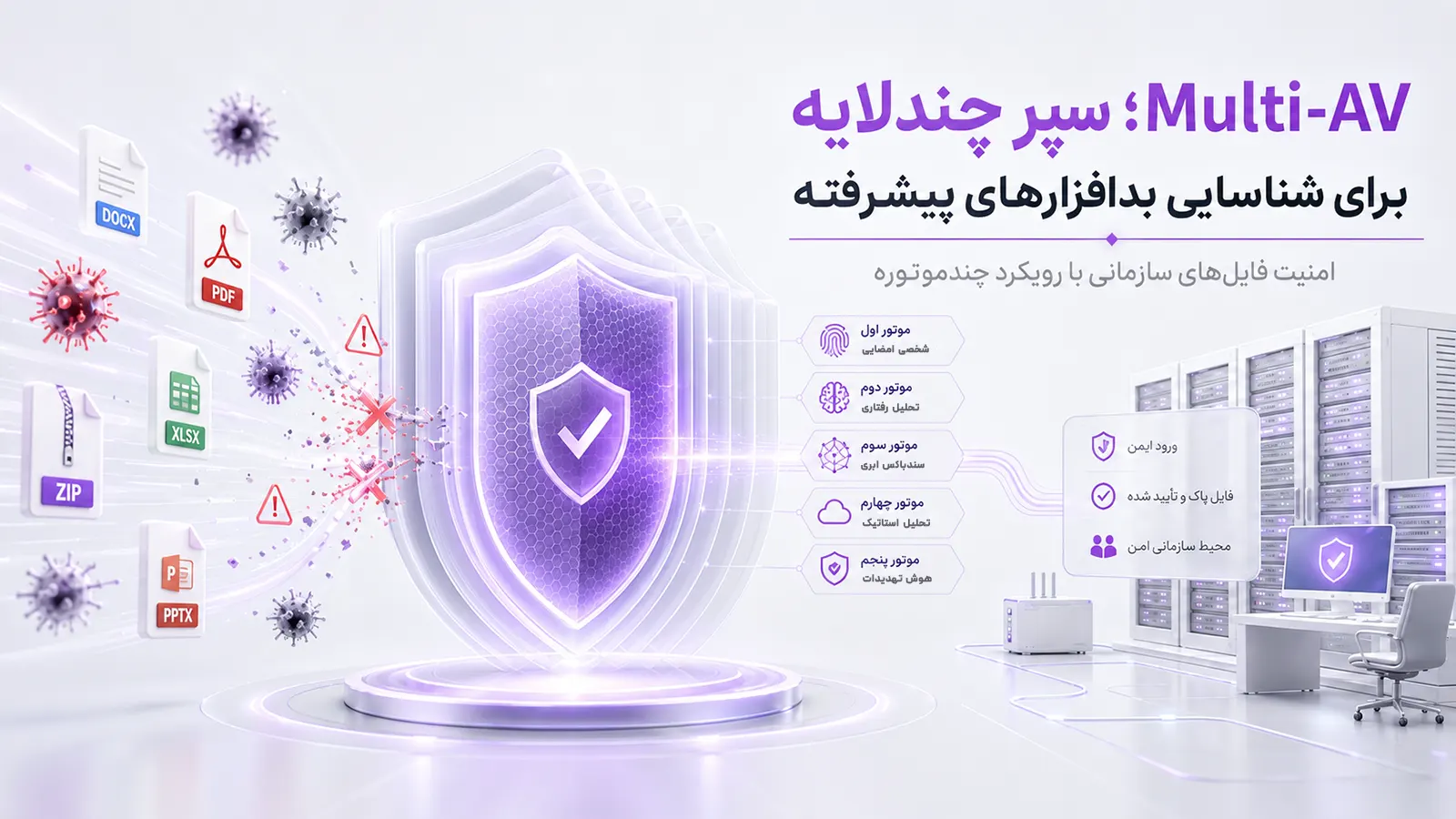 سیستم Multi-AV برای شناسایی بدافزارهای پیشرفته، بررسی چندموتوره فایل‌های سازمانی و جلوگیری از ورود تهدیدات به شبکه.
