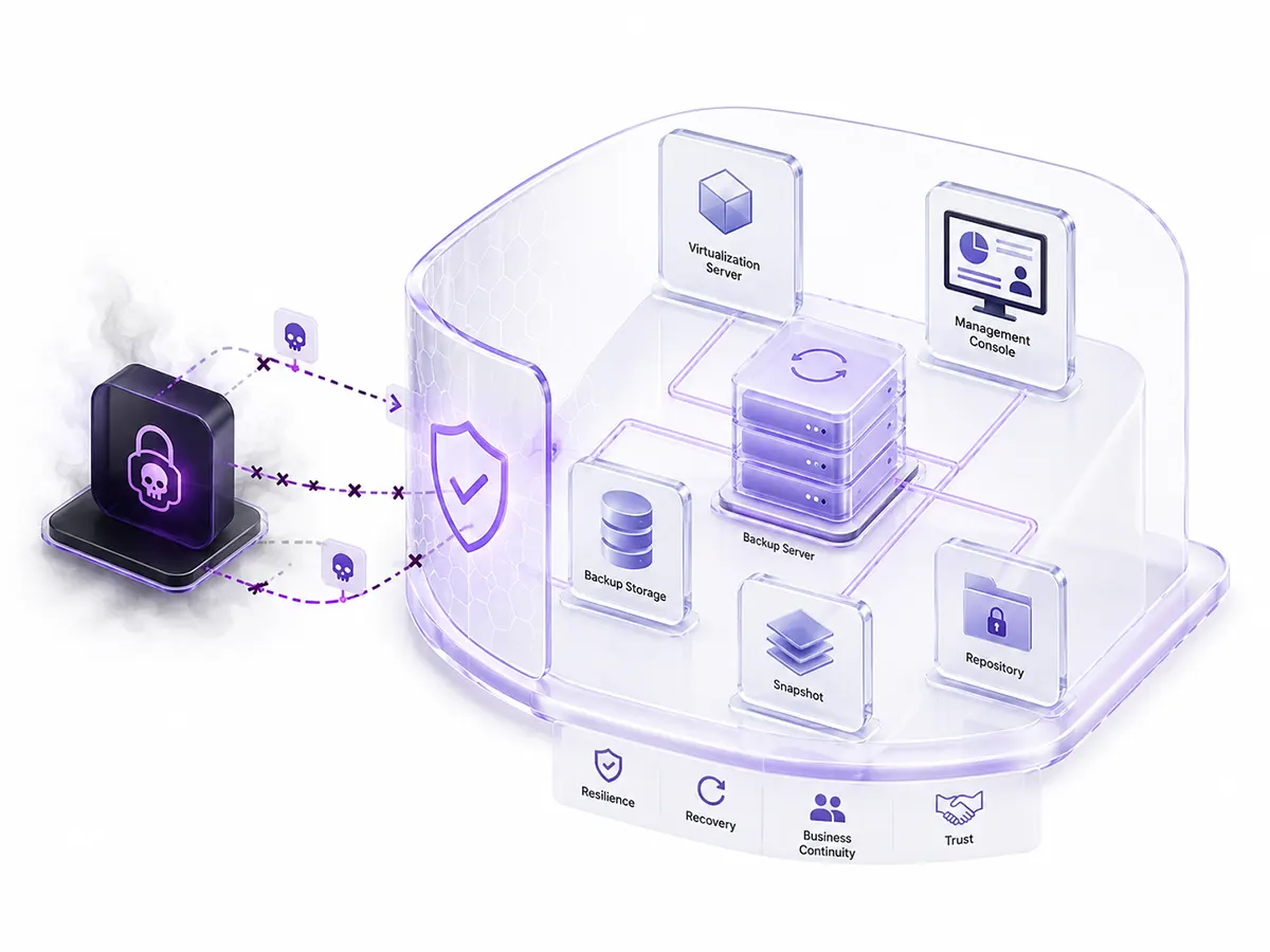 حمله باجافزار به توان بازیابی سازمان با طراحی شیشهای، نمایش تلاش مهاجم برای هدفگیری Backup Server، Storage، Snapshot، Repository و کنسولهای مدیریتی در معماری زیرساخت امن