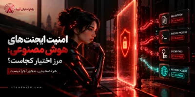 تصویر مفهومی امنیت ایجنت‌های هوش مصنوعی با نمایش یک ایجنت زن، مرز اجرای امنیتی و کنترل دسترسی به فایل، فرایند، اعتبارنامه و شبکه در رادار آوید.
