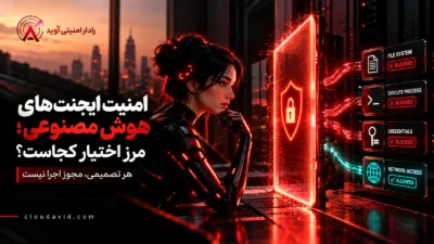 تصویر مفهومی امنیت ایجنت‌های هوش مصنوعی با نمایش یک ایجنت زن، مرز اجرای امنیتی و کنترل دسترسی به فایل، فرایند، اعتبارنامه و شبکه در رادار آوید.