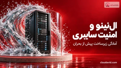 ال‌نینو و امنیت سایبری؛ تصویر مفهومی رک سرور پشت حفاظ شفاف در برابر موج آب