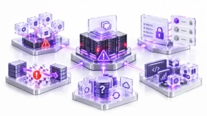 مفهومی از ریسک‌های وابستگی زیرساخت VMware شامل اختلال سرویس‌ها، محدودیت تصمیم‌گیری، دشواری مهاجرت، چالش بازیابی و وابستگی دانش و ابزار.