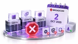 پایان پشتیبانی VMware vSphere 7 شامل نسخه‌های ESXi 7.x، vCenter 7.x و vSAN 7.x در تاریخ ۲ اکتبر ۲۰۲۵، همراه با نماد توقف به‌روزرسانی‌های امنیتی.